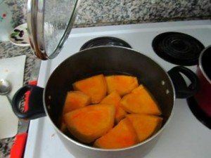 Pumpkin chunks boiling in water