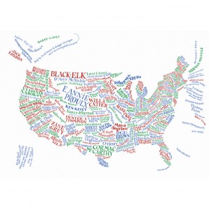 Map of US, with names of authors local to each region